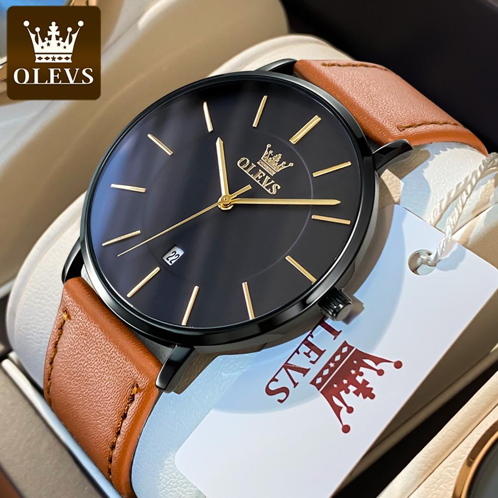 OLEVS 5869 Men's Watches Leather Strap Waterproof Auto Date Man Watch Fashion Simplicity Ultra Thin Quartz Wrist Watch for Men