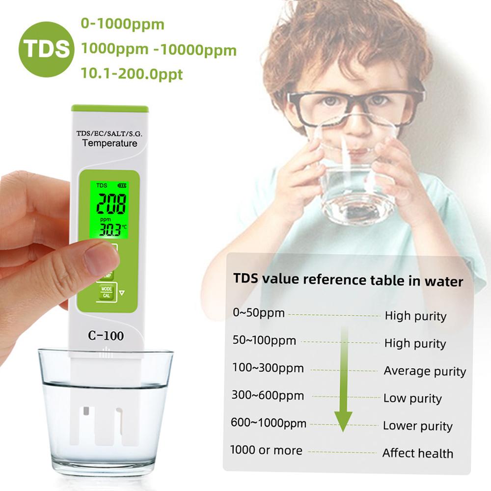 5 in 1 TDS EC SALT S.G. Temperature Meter Digital Water Quality Monitor Tester for Pools Drinking Water Aquariums with