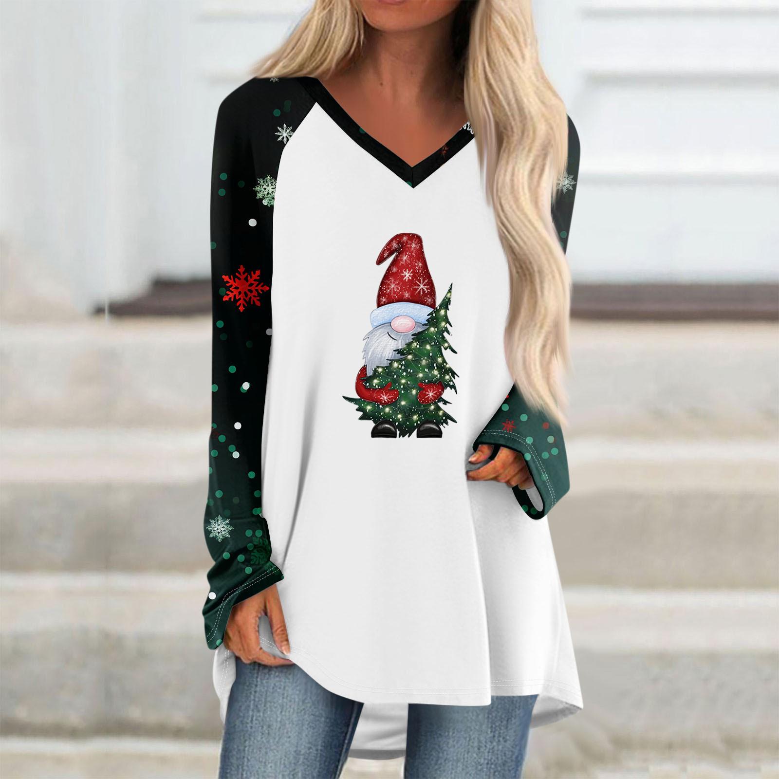 

Женская осенне-зимняя повседневная длинная свободная футболка с длинными рукавами и V-образным вырезом с рождественским принтом XXL