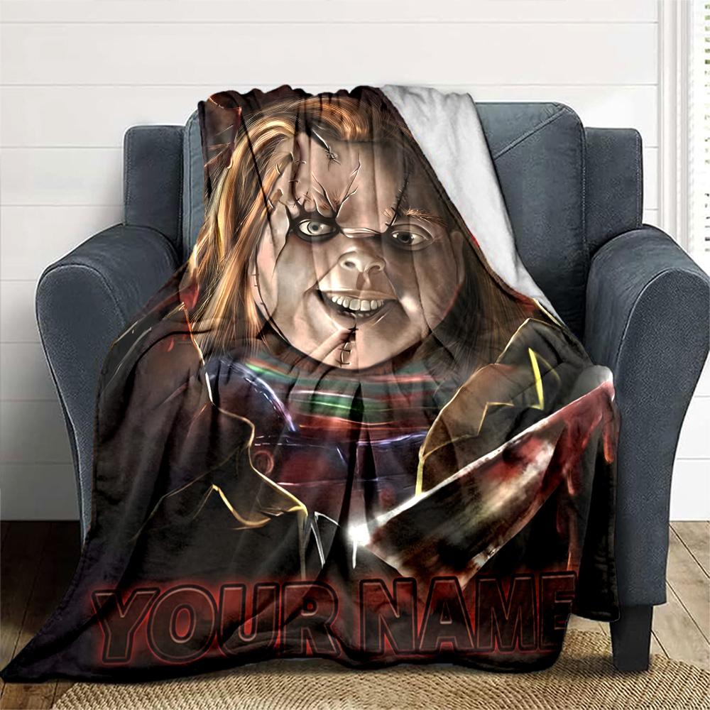1pc Chucky Blanket with Custom Name, Gift, for Men and Women, Soft Blanket, Good for Sofa Bed Couch Travel, Lightweight Flannel Blanket