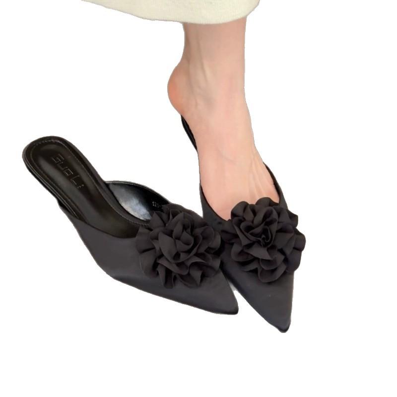 Baotou satin apricot heel wearing slippers fairy semi-thick temperament shoes flowers