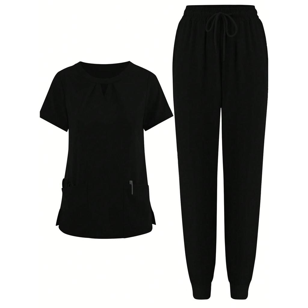 Short Sleeved Solid Color Round Neck Pocket Top Pants Work Clothes Two-Piece Set