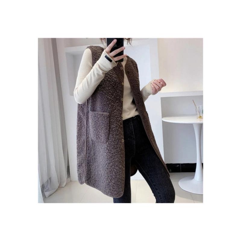 FASHION medium  long vest women's autumn  winter medium  long imitation lamb wool vest fashion new foreign versatile women's coat Clothes