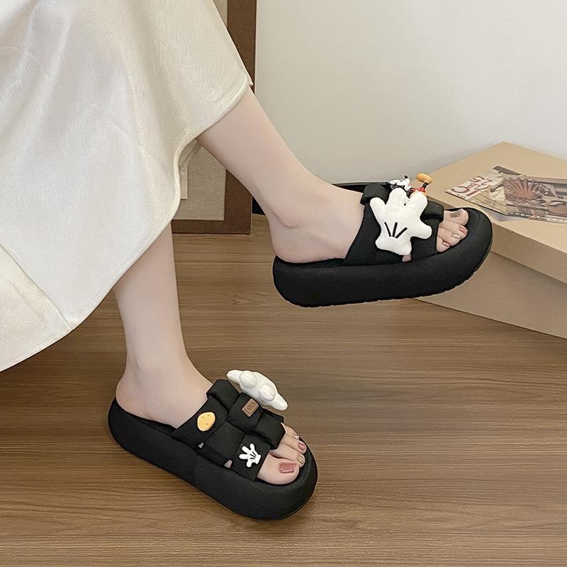 Fashion Versatile Casual Cartoon Cute Mickey One-word Slippers Women's 2025 Summer New Thick-bottomed Beach Cool Slippers