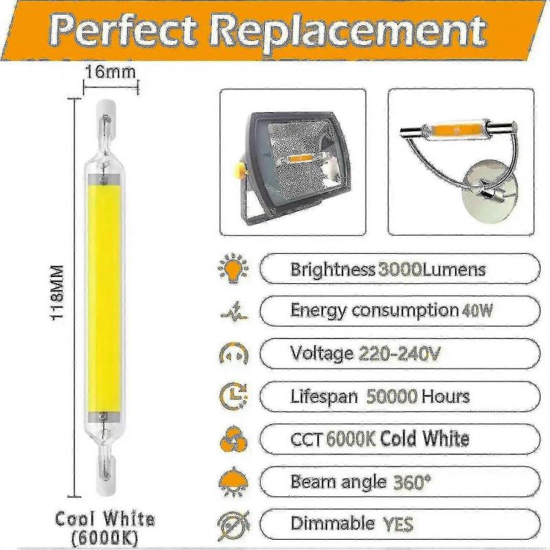 R7s 118mm 40W LED-Birne Kaltweiß 6000K, 3000lm, J118 400W Halogenlampen-Äquivalent, Dimmbar, 360 Grad