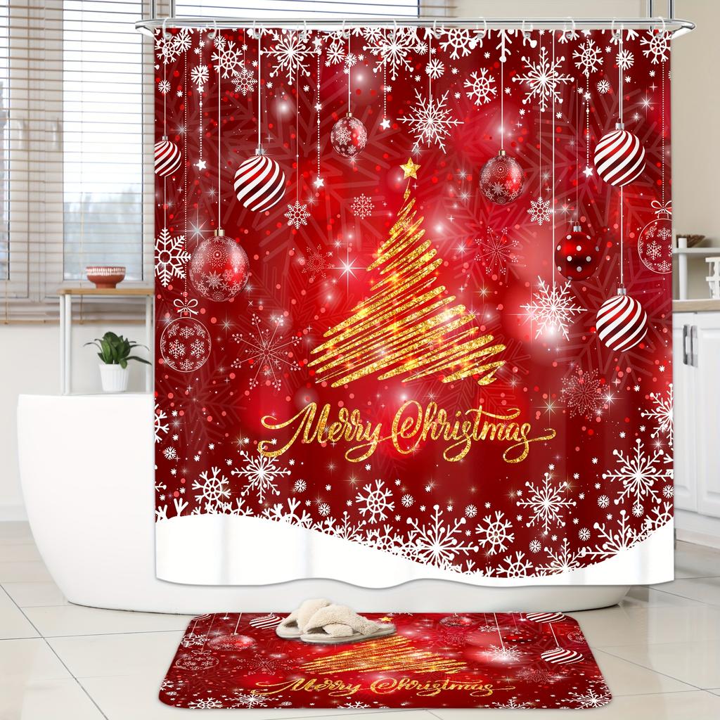 4Pcs Bathroom Shower Curtain Set Merry Christmas  Balls Xmas Pattern Bathroom Curtain With 12 Hooks Non Slip Rugs Toilet Cover Mat Bathroom Partition
