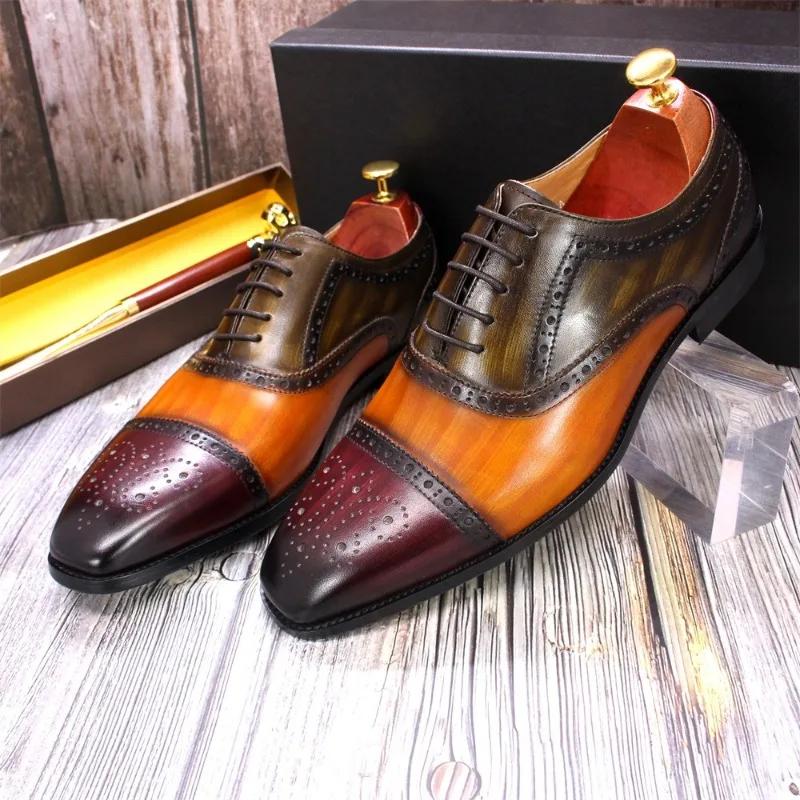 2024 Luxury Brogue Handmade Mens Dress Shoes Calf Leather Cap Toe Oxford Colorblock Lace Up Wedding Party Formal Shoes for Men