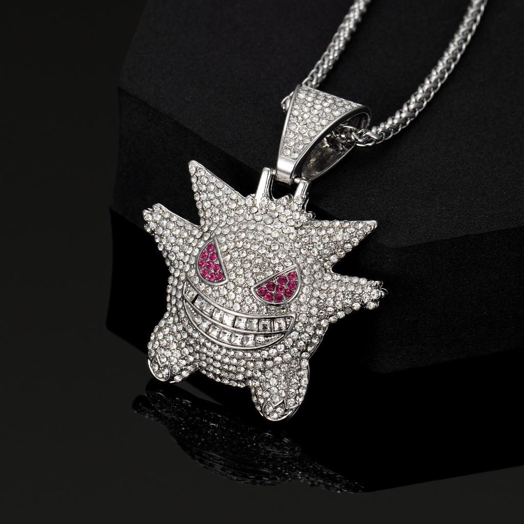 Přehnaný hip-hopový náhrdelník s přívěskem Gengar: Slitinový kreslený řetízek na svetr s plnými diamanty