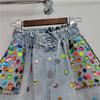 Thailand Tide Brand Summer New Heavy Industry Inlaid with Colored Diamond Beads High Waist Thin Wide Leg Denim Shorts Cross-border