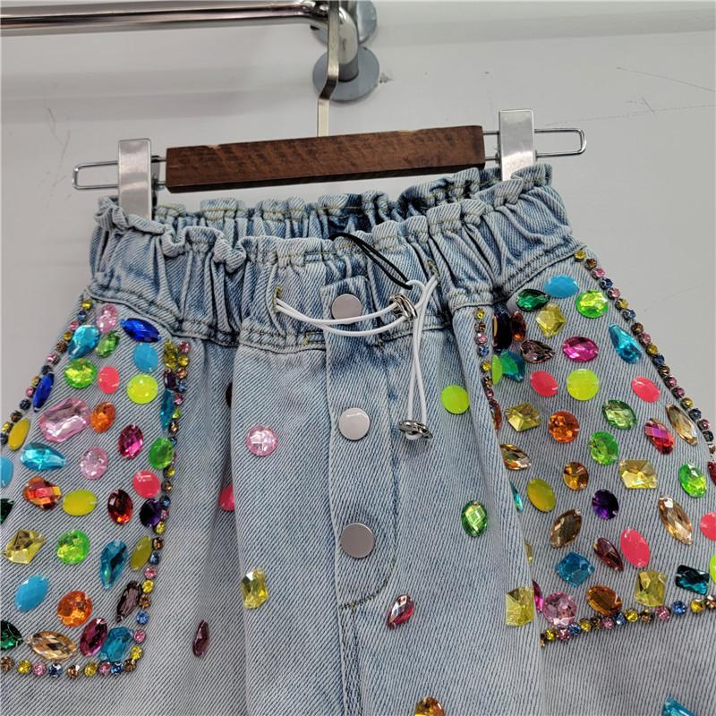 Thailand Tide Brand Summer New Heavy Industry Inlaid with Colored Diamond Beads High Waist Thin Wide Leg Denim Shorts Cross-border