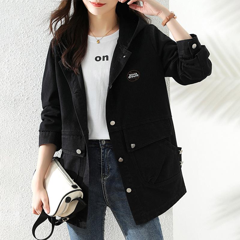 

Повседневная вышивка свободная джинсовая куртка женская весенняя новая универсальная и тонкая модная темпераментная джинсовая куртка с капюшоном на молнии 3XL чёрный