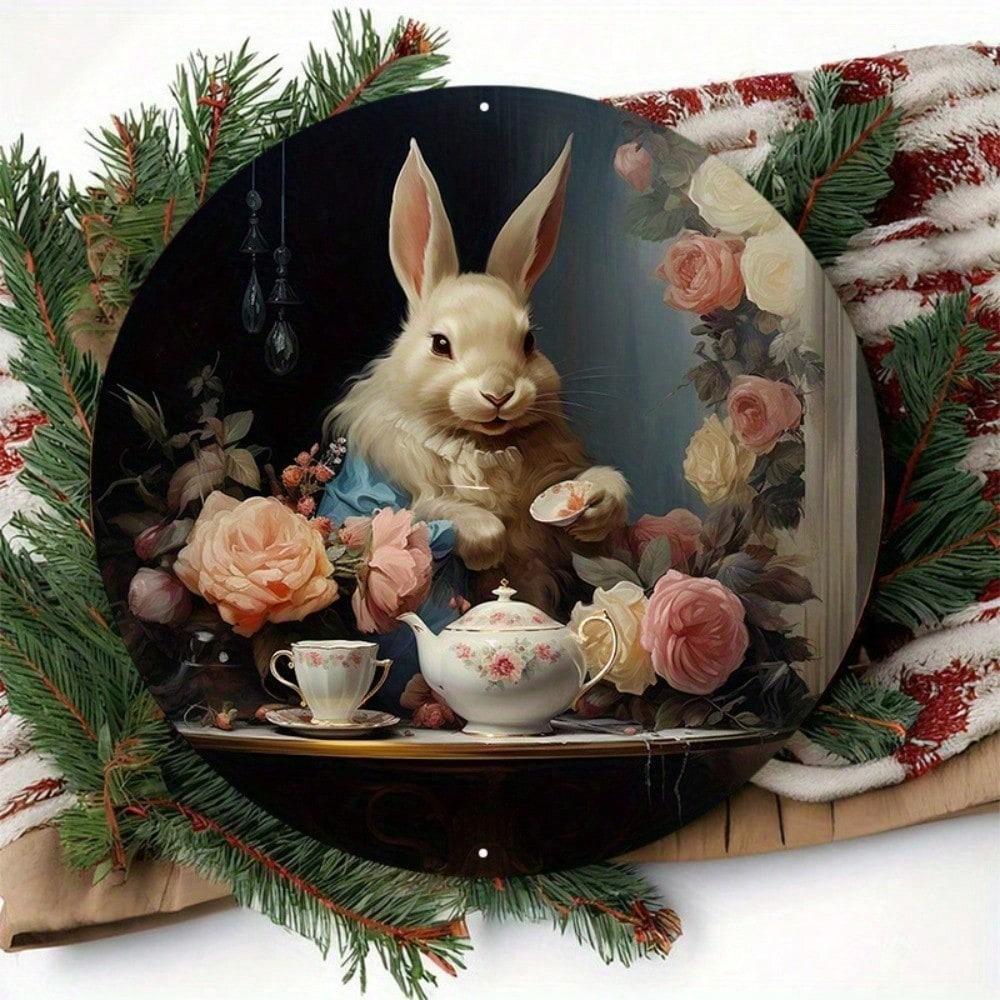 Metal Wall Art Poster Victorian Bunny Wreath 8x8 inch for Home Decor
