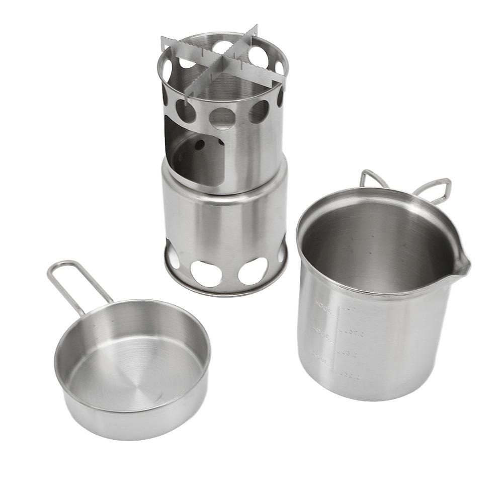 Stainless Steel Portable Camping Stove With Mesh Pouch Camping Pot Set  Outdoor Cooking