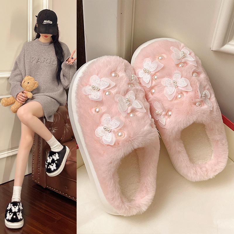 Fashion Cute Butterfly Decor Fluffy Slippers for Women Winter Thickened Warm Plush House Shoes Woman Thick Sole Pearl Indoor Slippers