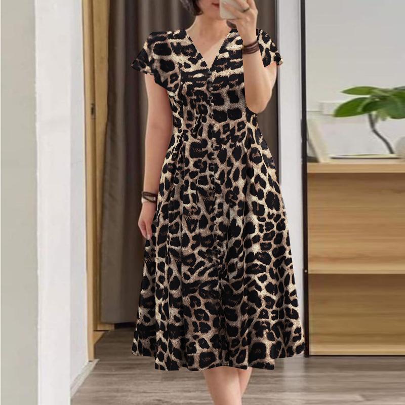 

ZANZEA Женское летнее повседневное платье с коротким рукавом с леопардовым принтом 4XL хаки