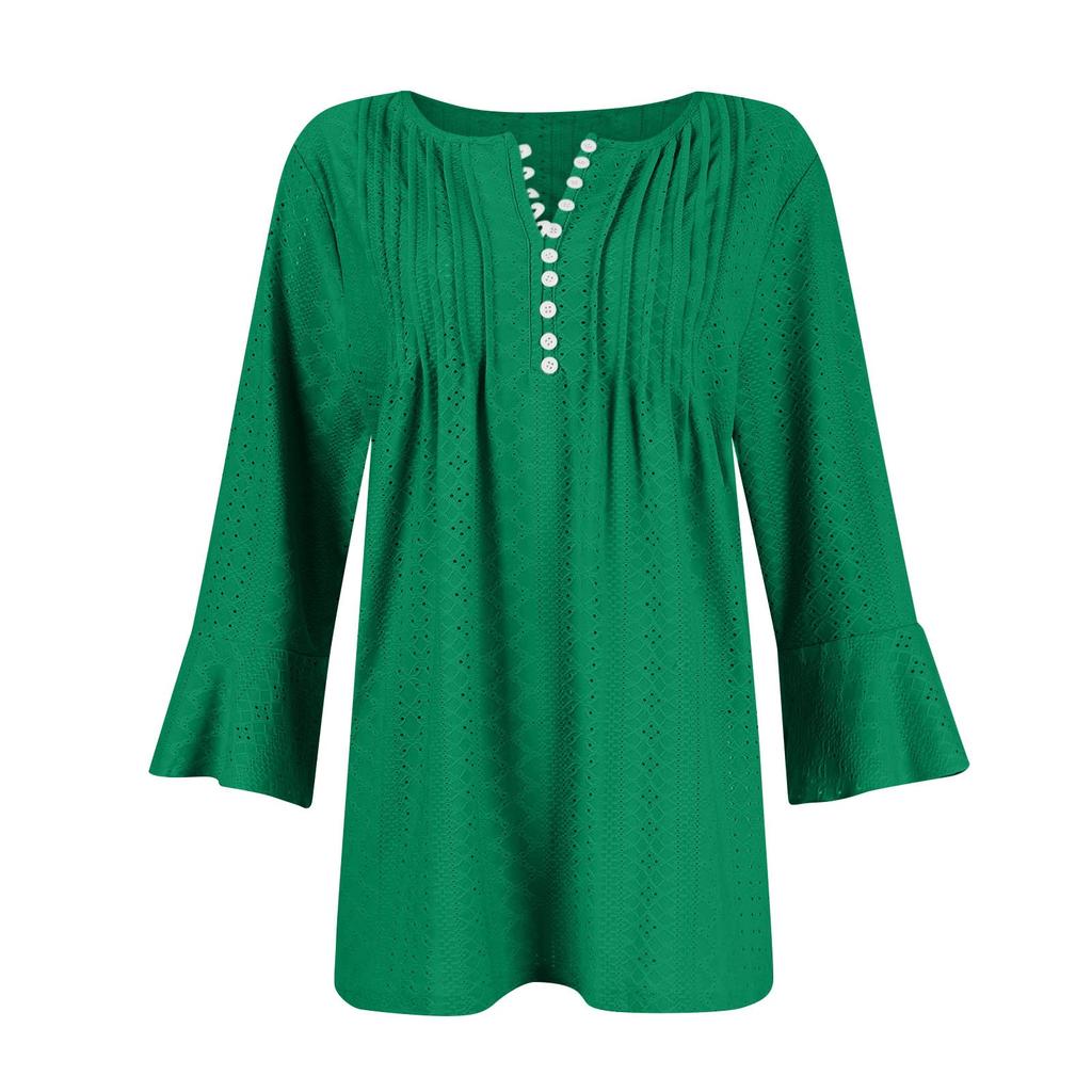 Women's Color Hollow V-neck Button-down Flared Three-quarter Sleeve Top