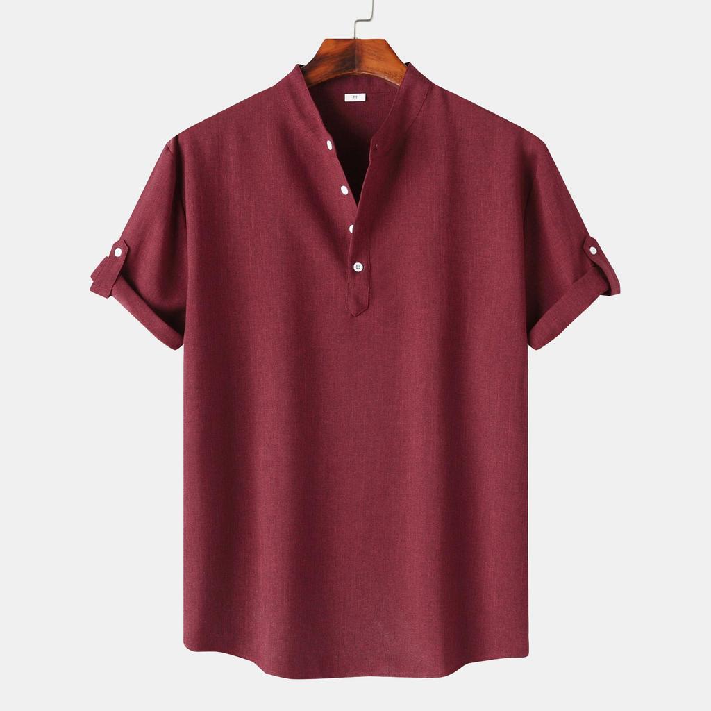 Men's Slim-Fit Stand-Up Collar Solid Color Short-Sleeve Shirt, 2024 Spring/Autumn Collection