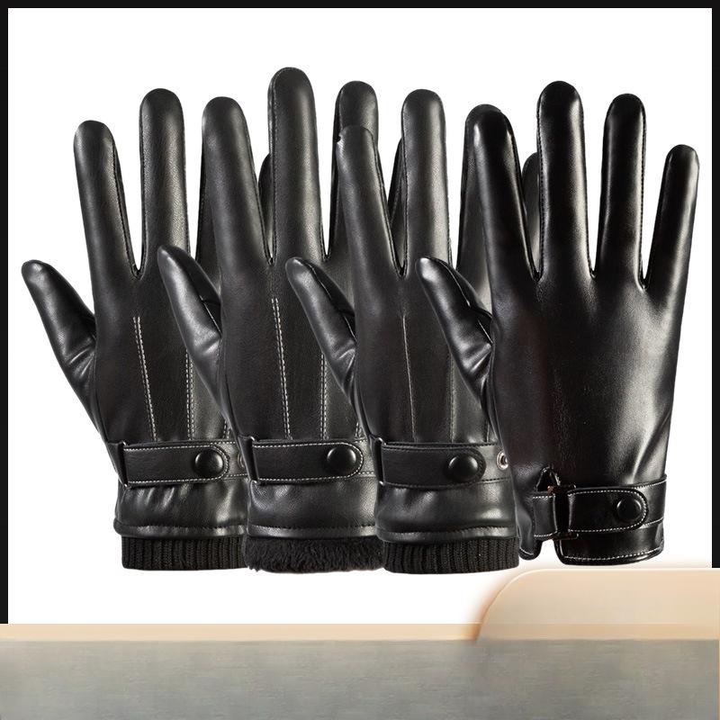 Warm Gloves for Men Three Line Plus Velvet Cold  Proof Gloves for Winter Outdoor Riding Full Finger PU Leather Touch Screen Winter Gloves