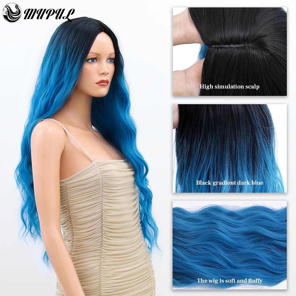 Synthetische Perücke für Frau, blau gefärbt, Ombre, langer Körper, Wasserwelle, Cosplay-Party, Lolita, 28 Zoll, hitzebeständige Nutural-Perücke