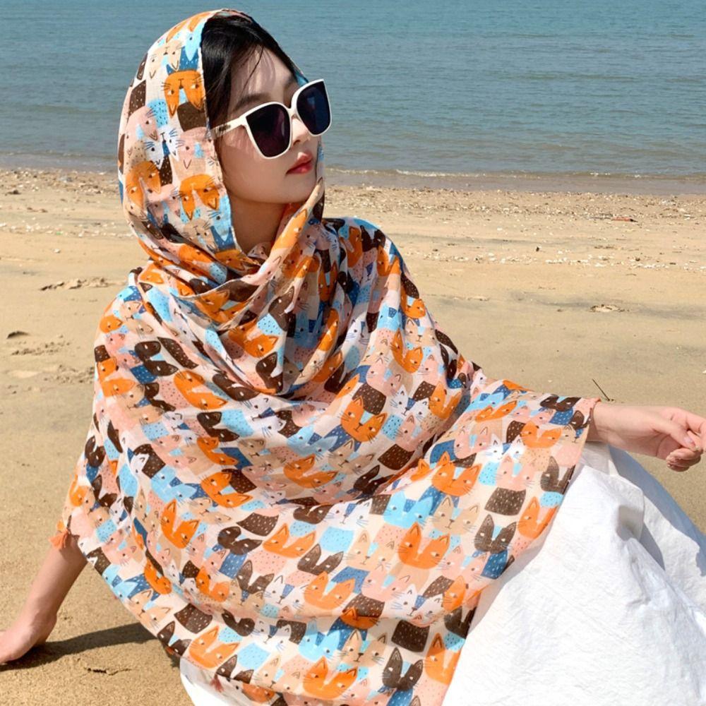 Bohemian Cat Pattern Tassel Scarf Large Animal Print Scarves Elegant Printed Silk Scarf  Outdoor
