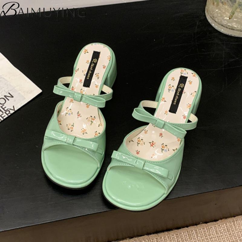 Fashion Women Slippers Bow Sandals Square Toe High Heels Shoes Woman Summer 2025 Trend Elegant Dress Pumps Open Toe Sandalias De Mujer