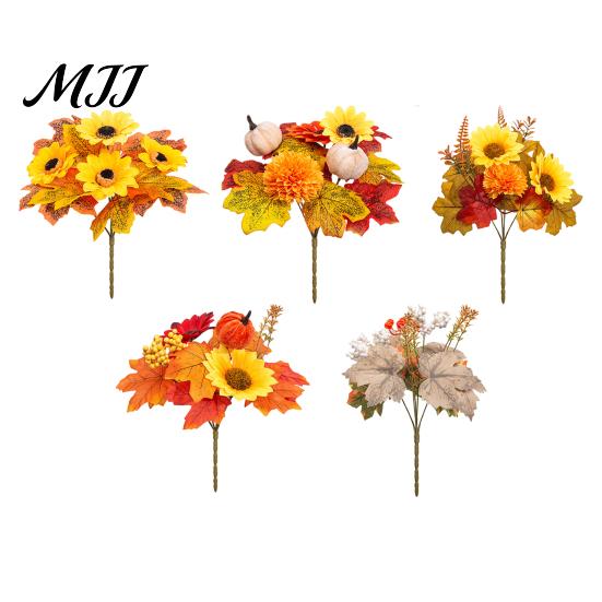 Fake Flowers for Wedding Background Artificial Sunflower Maple Leaf Bouquet, Fall Flowers,Realistic Silk Faux Decorative Fireplace Flower Thanksgiving