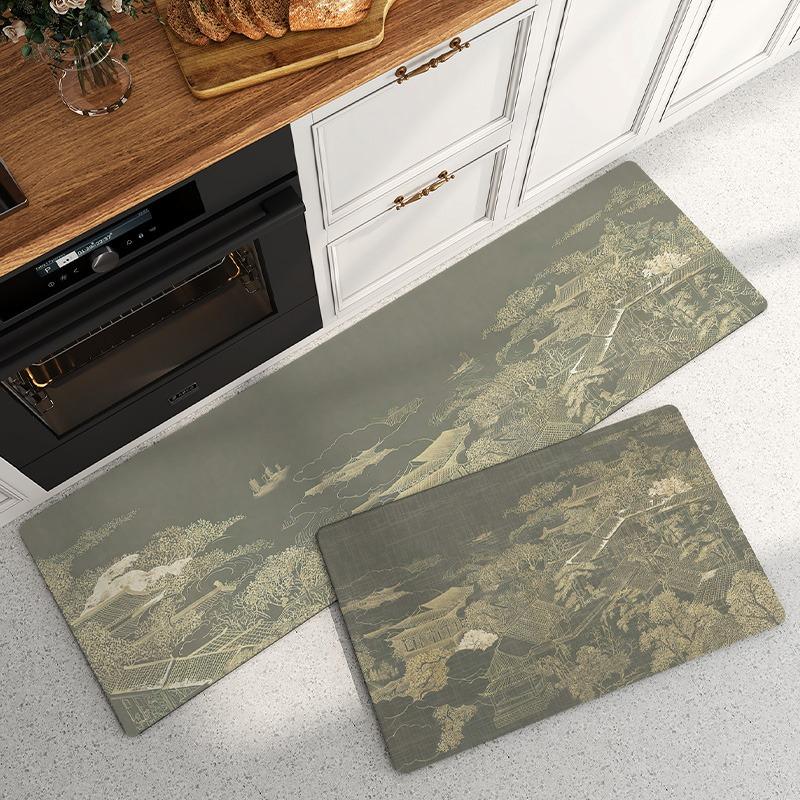 Long Rug Retro Print Kitchen Decorative Floor Mat Home Pvc Leather Waterproof Carpet Dirt-resistant Non-slip Foot Mats