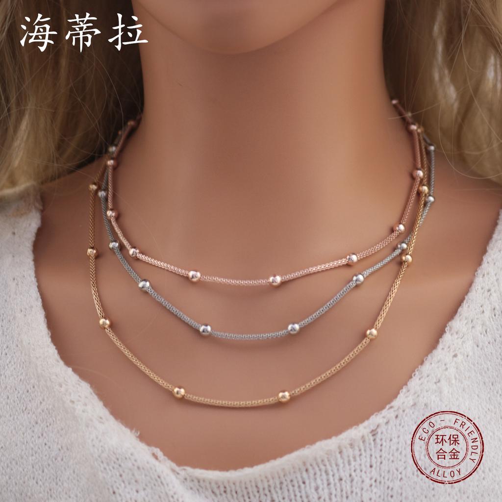 Three-layer Mixed-color Bead Mesh Chain Bracelet Necklace Set, Women's Advanced Sense Stacking Bead Necklace