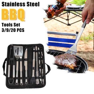Per il campeggio Set di strumenti per barbecue all'aperto Utensili per barbecue Set di strumenti per barbecue in acciaio inossidabile 3/9/20 pezzi Spatola Forchetta Pinze Coltello Spazzola Spiedini