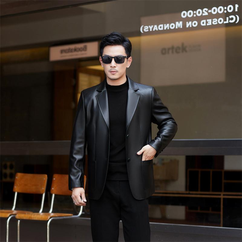 Leather leather jacket men's sheepskin slim handsome suit locomotive light luxury autumn and winter men's suit