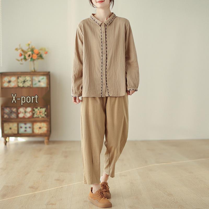 2025 Retro Art Women's Embroidered Lapel Shirt - Comfortable Spring Top