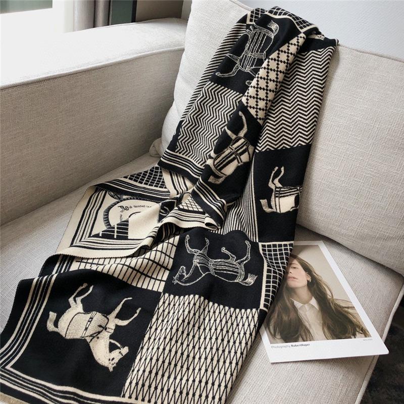 Carriage scarf, women's imitation cashmere air conditioner shawl, winter dual-purpose thickened scarf, fringed long style to keep warm