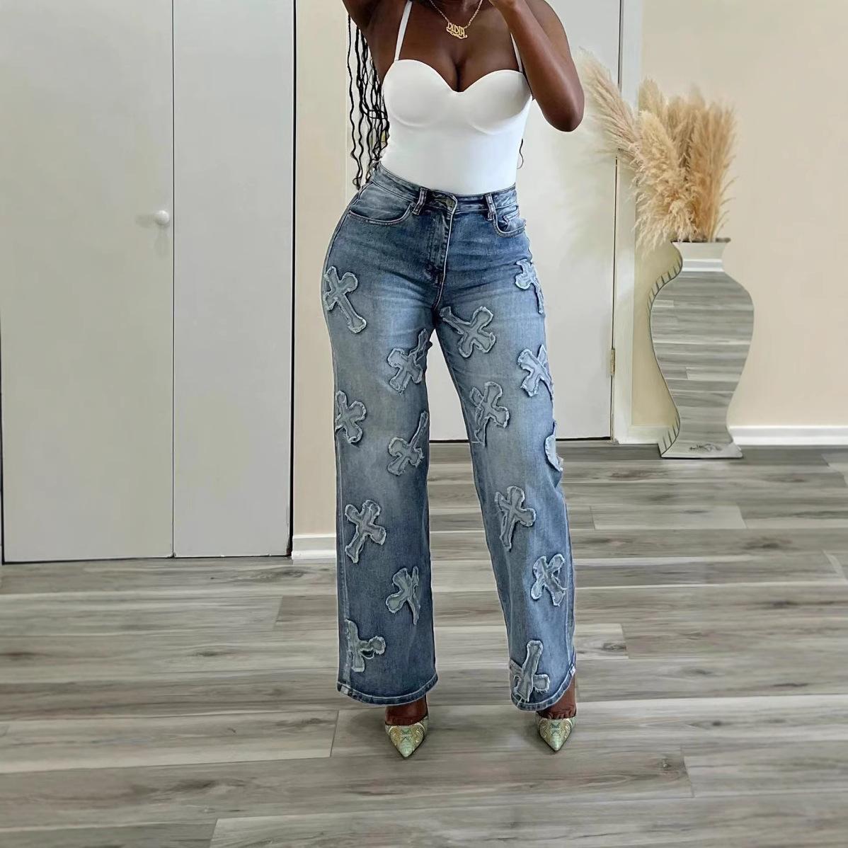 Vintage Washed Denim Straight-Leg Women s Jeans with Tassel Cross Appliqué S синий