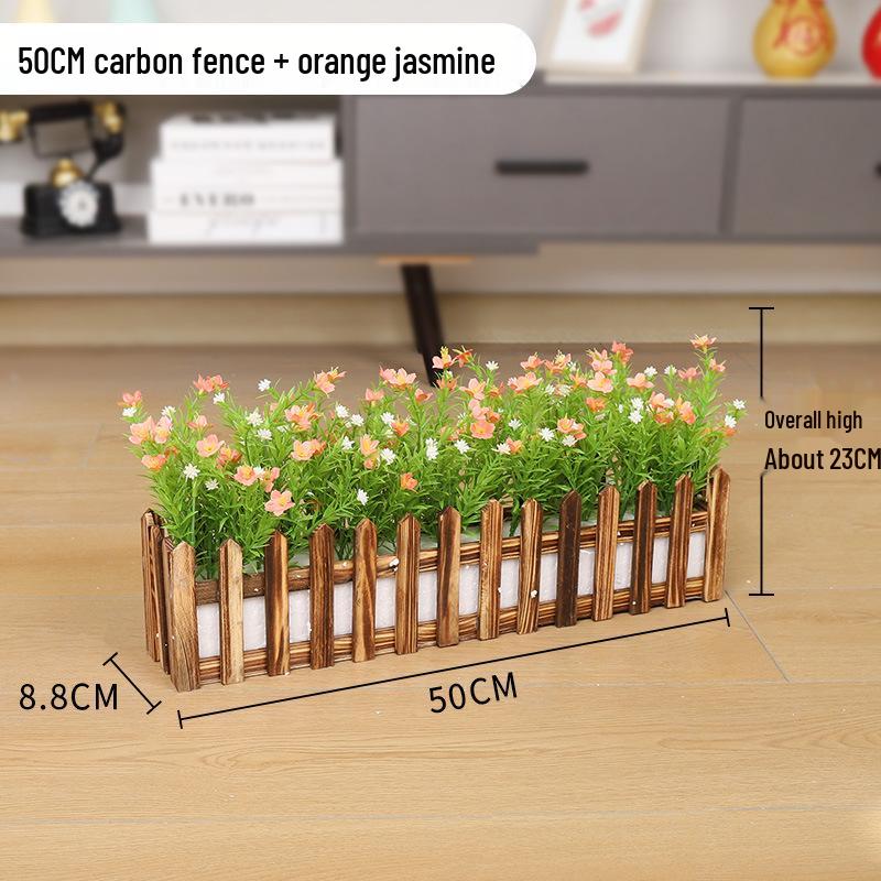 Silk Flower Pot with Wood Fence: Decorative Bonsai for Living Room or Office.