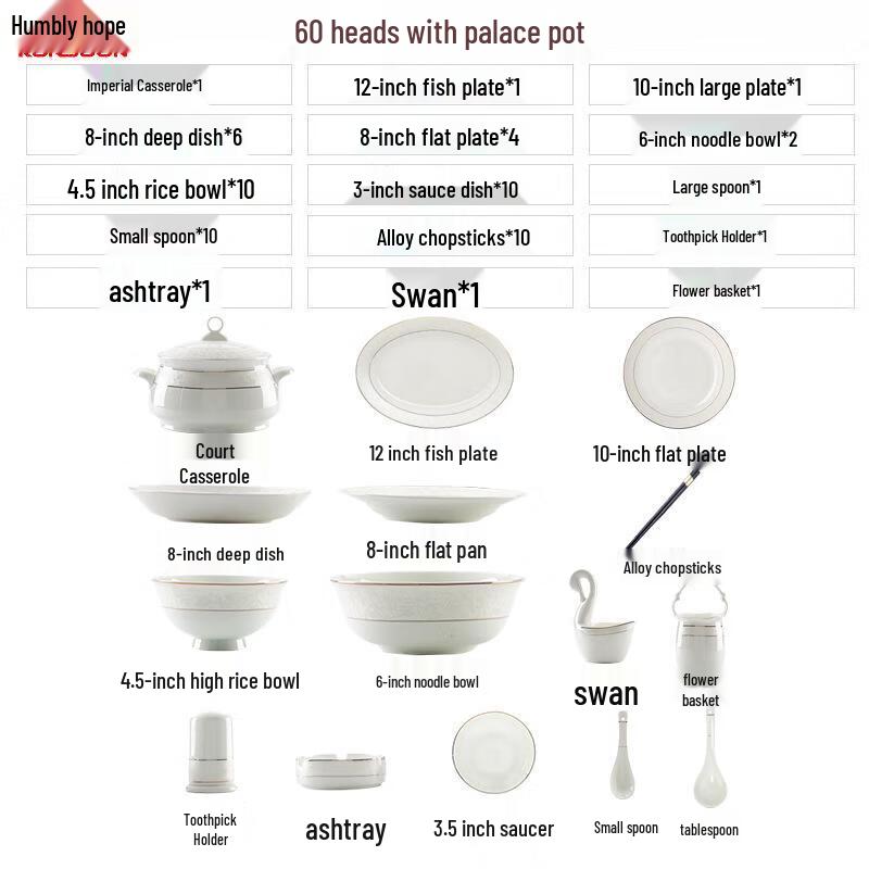 Qianxing 60-Piece Palace Style Ceramic Tableware Set