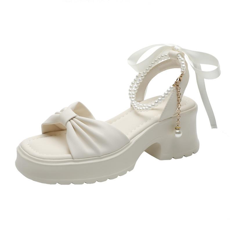 Platform sandals women's 2025 new summer not tired feet daughter gold wind pearl bow high heel soft sole Roman shoes