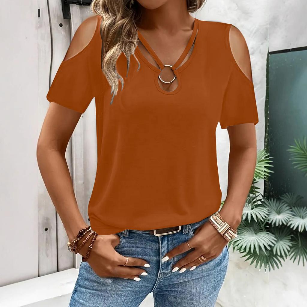 Womens Tops Dressy Casual V Neck Color Short Sleeve Blouse Casual Tops Summer Shirt
