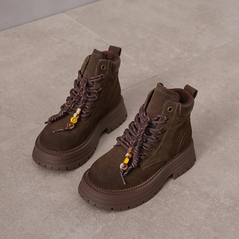 Fashion Boots Autumn New Round Toe Suede Lace-up Platform Non-slip Wear-resistant Square Heel Mid-leg Boots