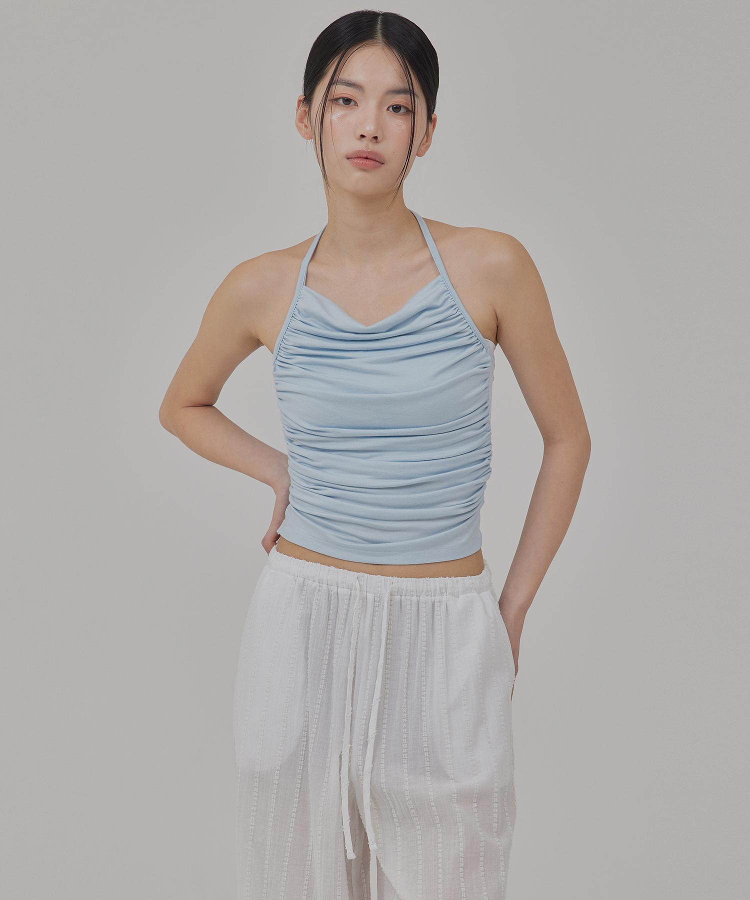 Top Girl Backless Tied Up Shirred Halter Top_T516Tp122 Light Blue/S