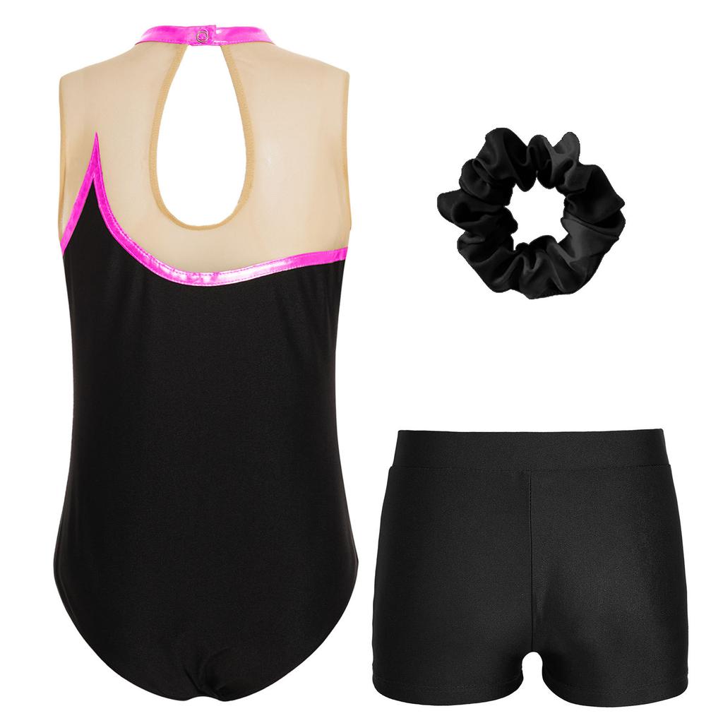 Girls Gymnastics Leotard Set Sleeveless Keyhole Back Patchwork Design V Waistband Shorts Headwear