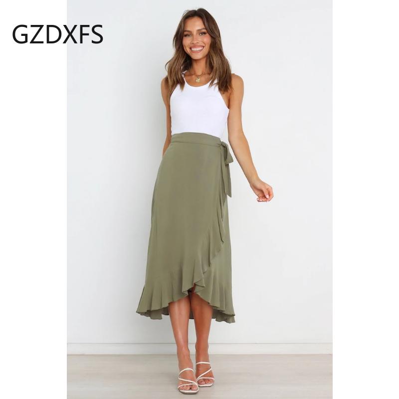 Falda de verano de una pieza con cordones, falda irregular cruzada