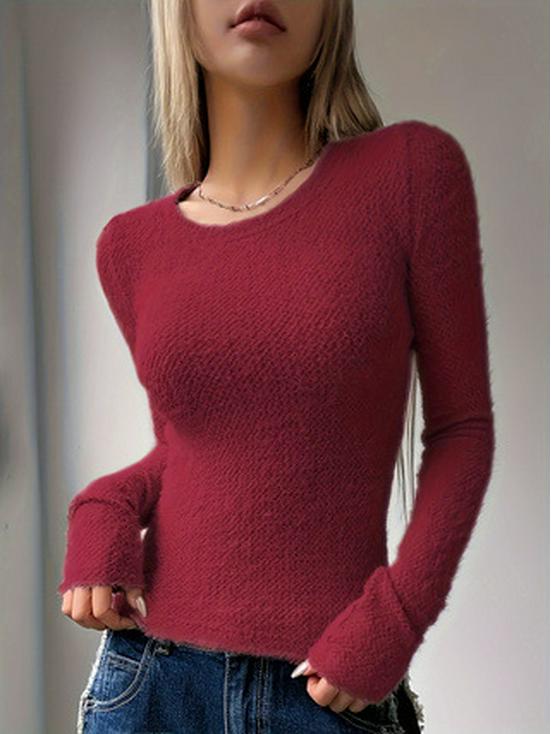 

2024 Women s Solid Color Woolen Crew Neck Long Sleeve Autumn/Winter Top L темно-красного