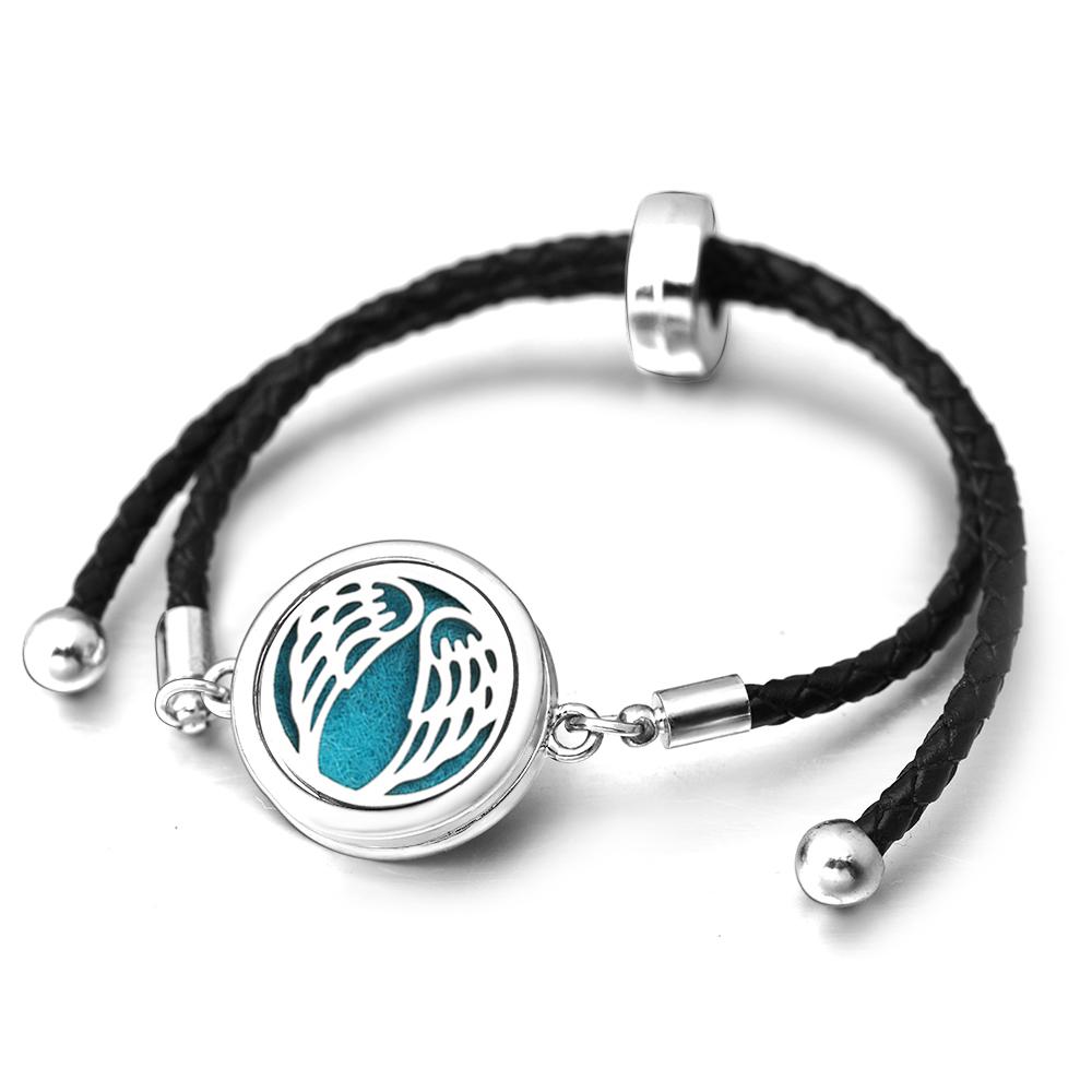 Engel Flügel Herzförmiger Edelstahl Aromatherapie Armreif Verstellbares Leder Schnallenarmband Damen Diffusor Medaillon Schmuck