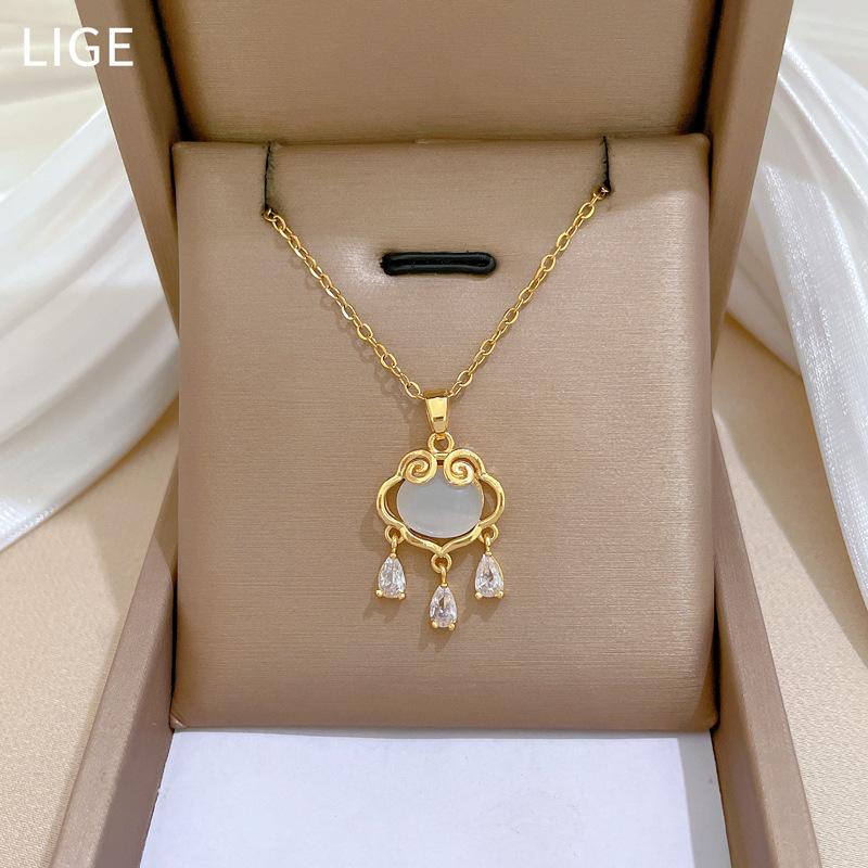 Opal Lucky Lock Light Luxury Temperament Gorgeous Full Diamond Necklace Female Versatile Collarbone Chain Titanium Steel Chain
