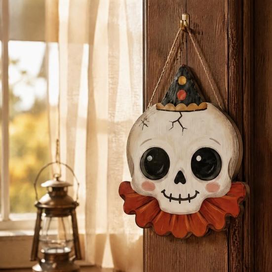 Rustic Wood Skull Decor Halloween Wooden Hanging Pendant with Lanyard, Retro Ghost/Pumpkin/Skull/Black Cat Holiday Yard Accents Decorations for Front