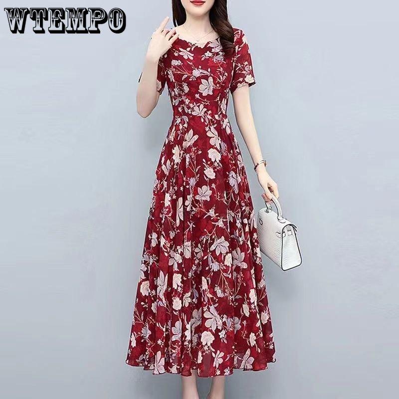 WTEMPO Women's Summer Plus Size Dress Vacation Print Beach Dress Waist-waist Dress Temperament Loose Floral Dress