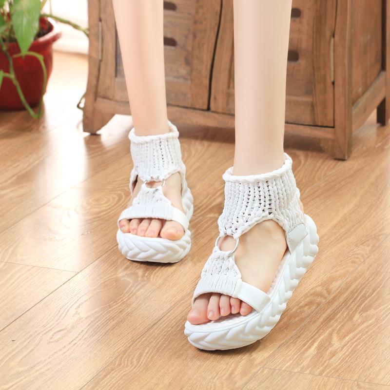 Sandali Donna Estate Donna Moda Sexy Abbigliamento da Spiaggia Scarpe Piatte Colore Unico Intrecciato a Maglia Sandali con Plateau Cut-out Anello O