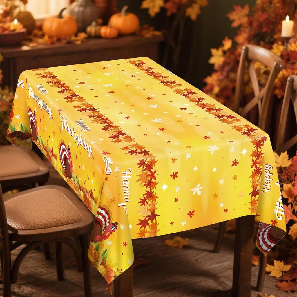 2 Pcs Happy Thanksgiving Tablecloth Disposable - Fall Turkey Tablecloths, Rectangle Pumpkin Maple Leaf Plastic Table Cover for Thanksgiving Table