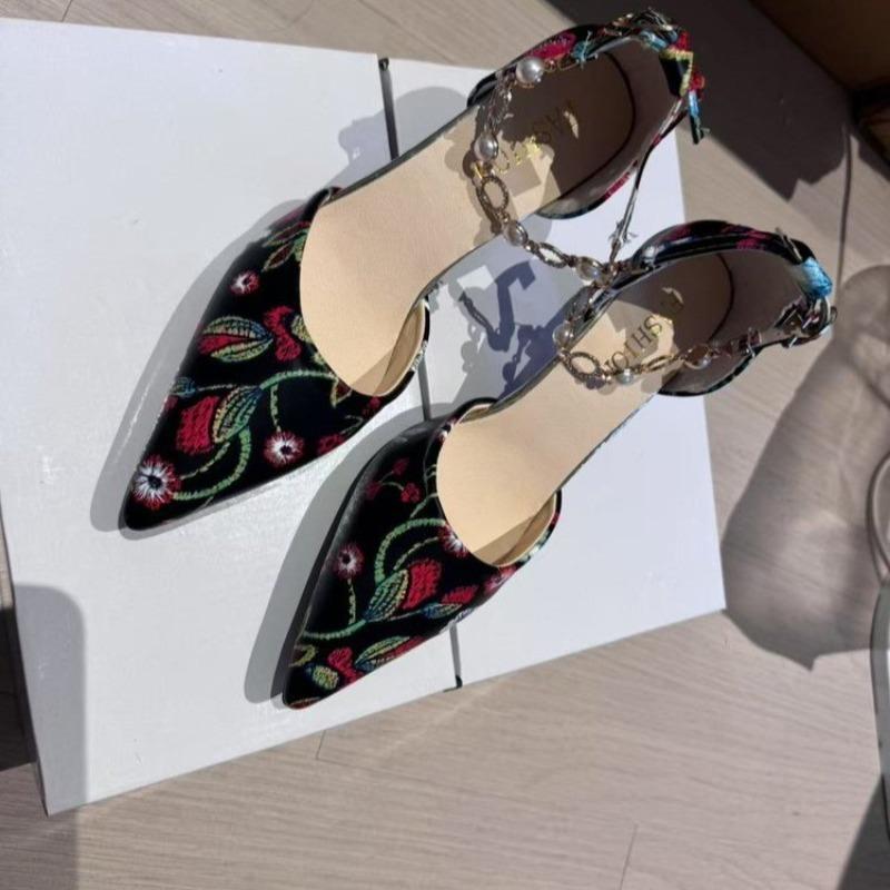 Fashion Autumn New Printed Pointed Toe Shallow-mouth Metal Chain Anti-slip Wear-resistant Stiletto Wrapped-head Sandals