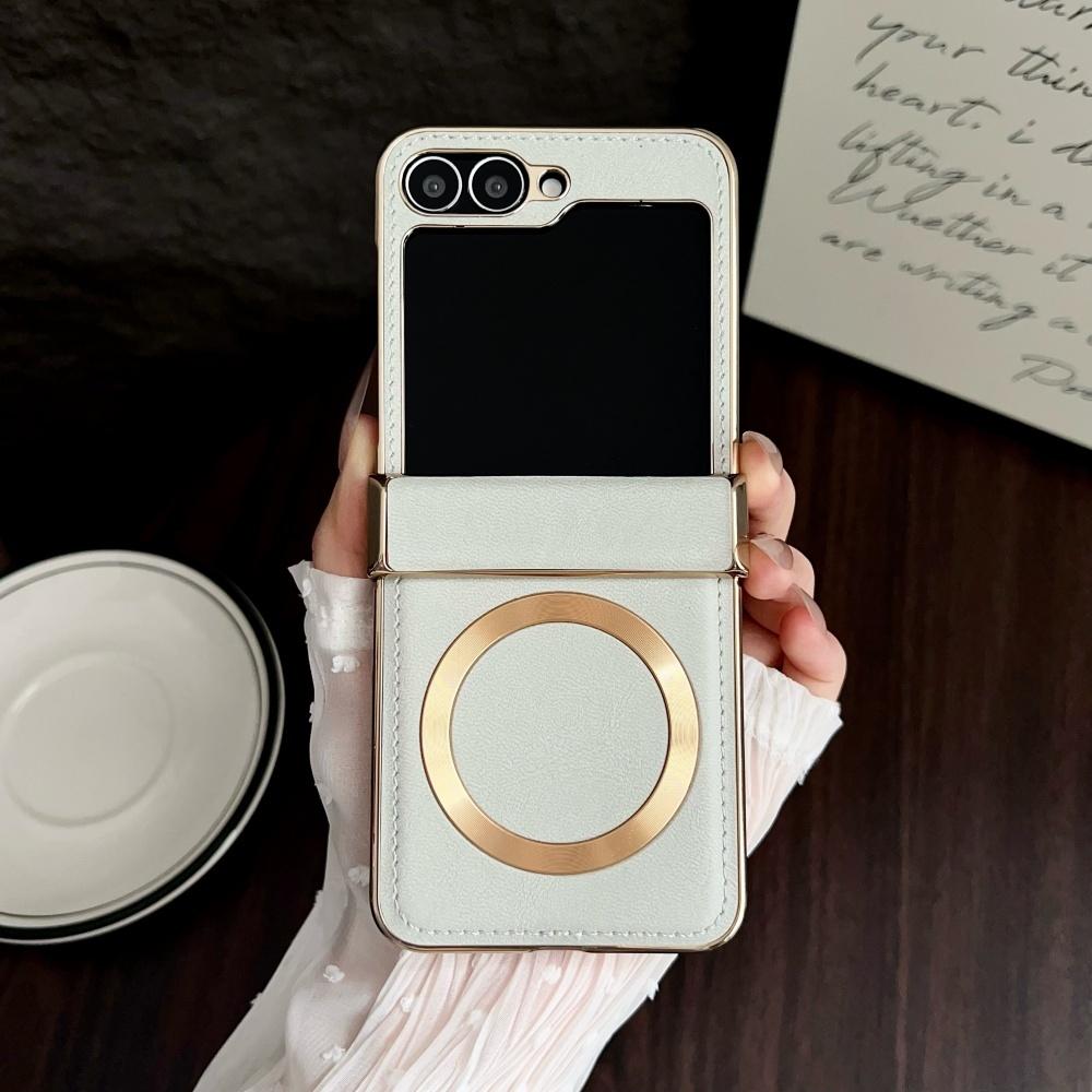 Busienss Vergoldetes Leder Magsafe Hülle für Samsung Galaxy Z Flip 7 6 5 4 3 Flip7 Flip6 Kabelloses Laden Scharnierschutzhülle